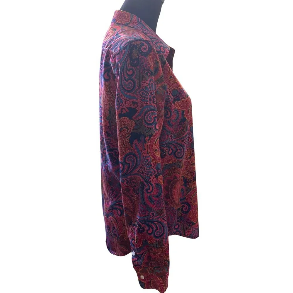 Vintage Paisley Button-Up Shirt With Vibrant Pink & Blue Design Long Sleeves Col - Picture 5 of 7